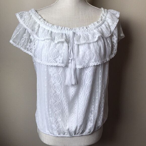 NO BOUNDARIES White Lace Off Shoulder Peasant Cropped Tank Top Size XXL - Picture 1 of 10